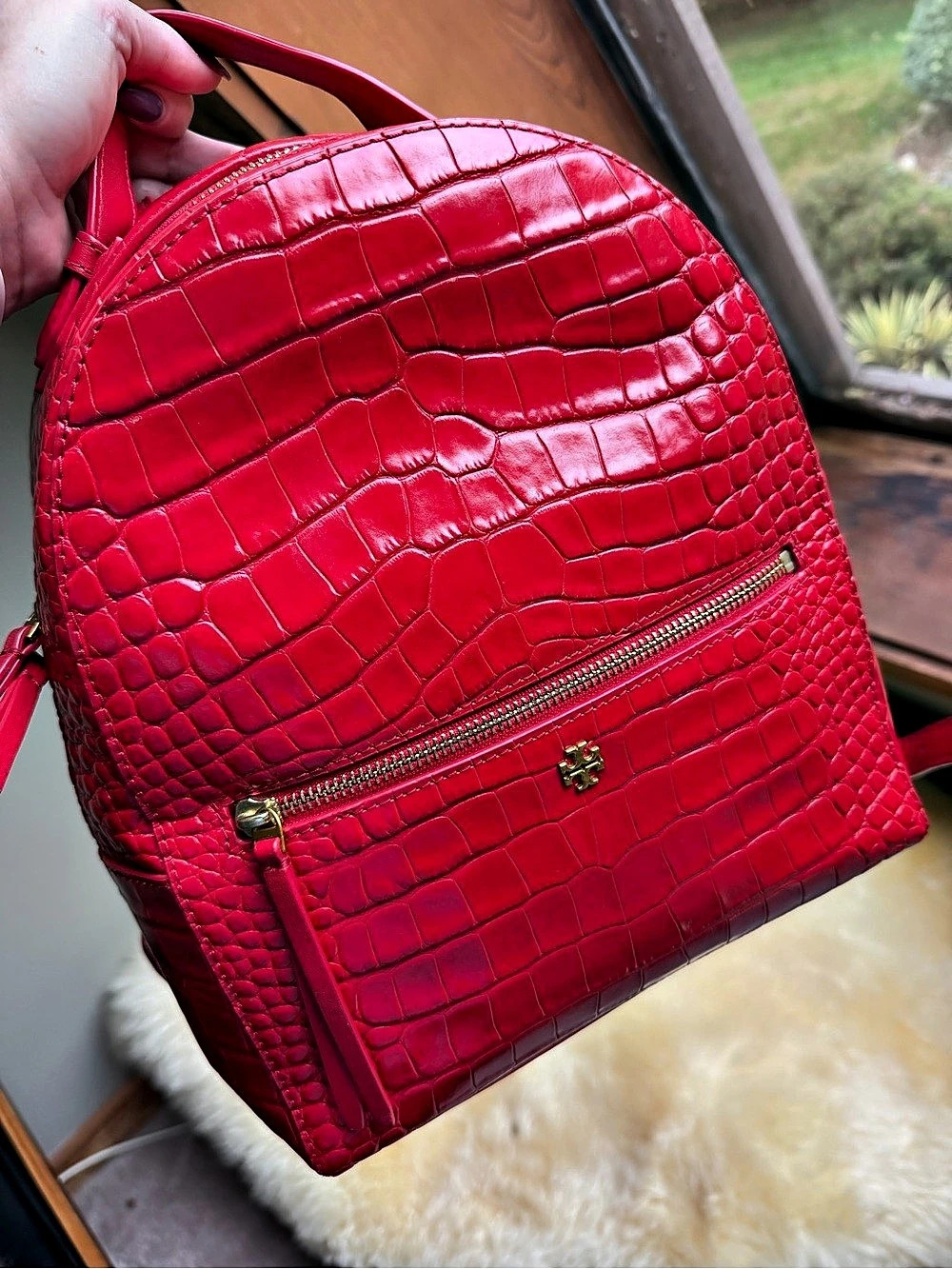 Tory Burch Croc-Embossed Patent Leather Medium Lux Backpack EUC